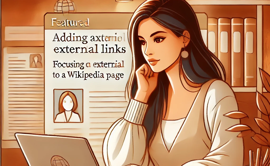 A featured illustration of a beautiful lady in a cozy workspace, focusing on adding external links to a Wikipedia page. She has a thoughtful expressions